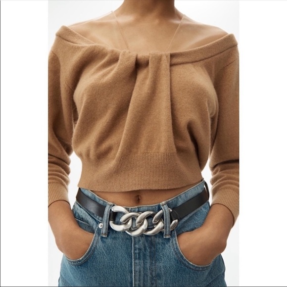 Alexander Wang Cropped Drape Neck Sweater In Tan Large - Picture 2 of 10